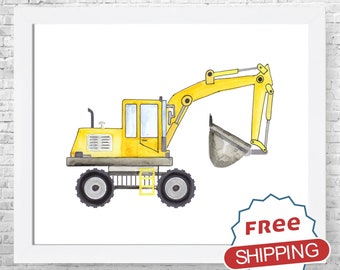 Excavator Watercolor Print, Construction Nursery Art, Boy Room Decor
