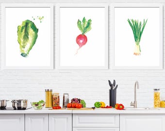 Gemüse Aquarell Gemälde Drucke: Küche Stillleben Kunst, 3er Set