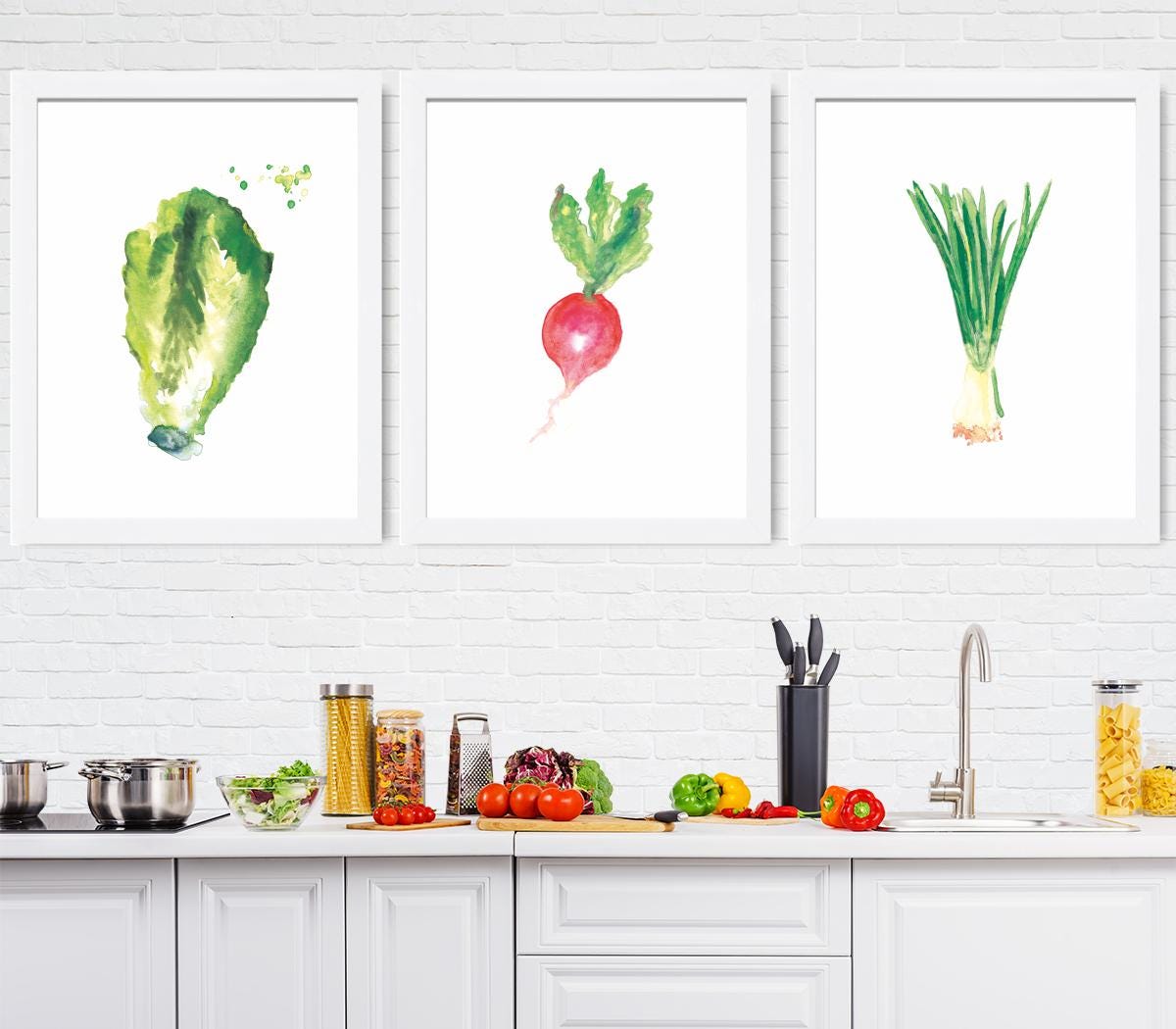 野菜の水彩画プリント：キッチンの静物画、3枚セット - Etsy 日本