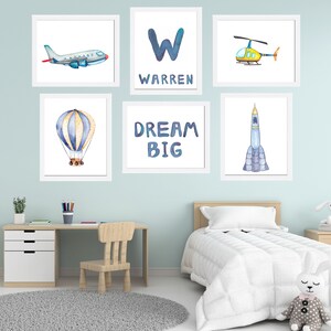 Personalized Name Print: Dream Big Transportation Watercolor Art (Set of 6)