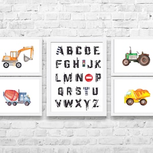 Transport Themed Nursery, Construction Wall Art Prints Set of 5, Transportation Prints, Boy Nursery Art, Kids Wall Decor