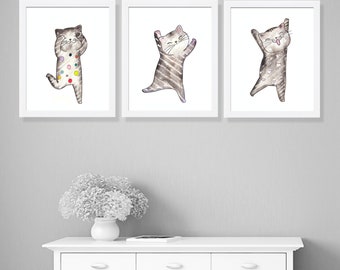 Lot de 3 chats, décoration de chambre d'enfant, décoration d'intérieur, aquarelles, impression d'affiche de chat, aquarelle de chats, peinture animalière à l'aquarelle