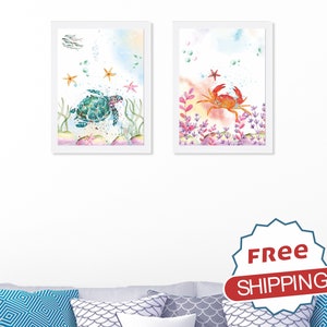Leben im Meer 2er-Set Drucke, Aquarell Meerestiere Kunst, Kinderzimmer Wandkunst, Unter dem Meer, Schildkröte Krabbe Kinderzimmer Dekoration, Wohnzimmer Kunst, Mädchenzimmer