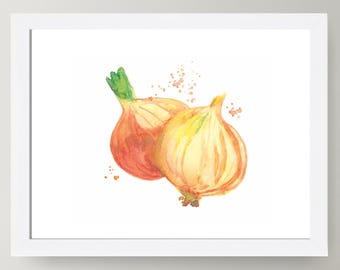 Stampa artistica acquerello di cipolle: decorazione da parete per la cucina