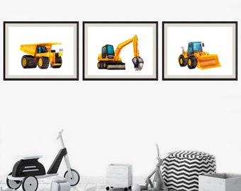 Construction Art Set of 3 Prints, Construction Theme, Transportation Nursery, Boys Room, Kids Wall Art, Vehicle Wall Decor, Truck, Excavator