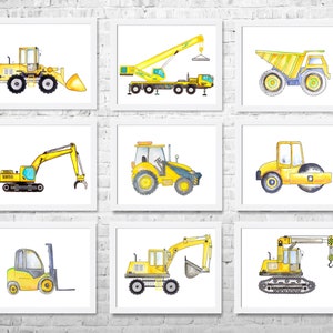Construction Nursery Art, Nursery Poster, Trucks Prints, Construction Decor, Kids Wall Decor, Kids Art, Nursery Wall Art Set of 9 Prints