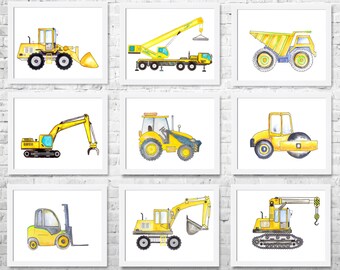 Construction Nursery Art Prints, Watercolor Trucks, Set of 9
