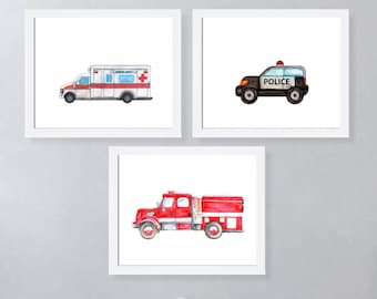 Emergency Vehicle Prints, Fire Truck, Rescue Nursery Art, Transportation Set of 3