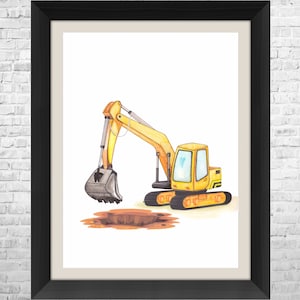 Construction Excavator Truck Watercolor Painting, Construction Nursery Art Print, Nursery Poster, Construction Decor, Boy Toddler Room Decor