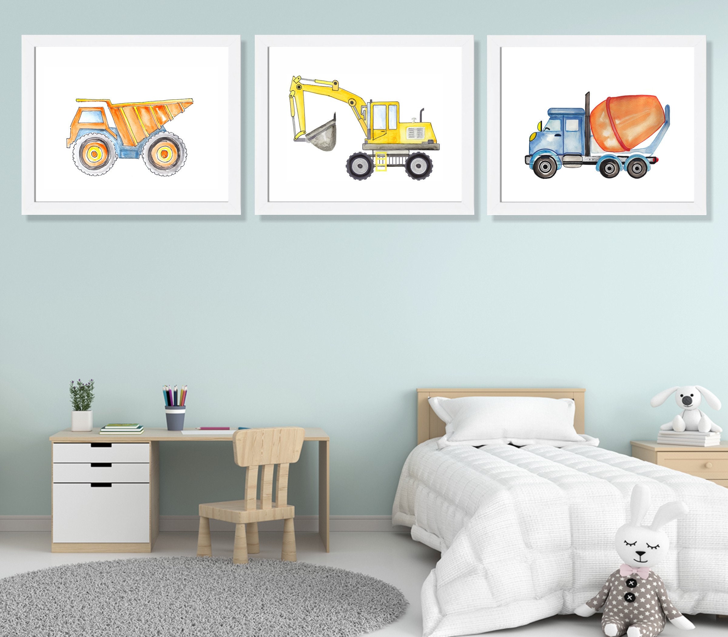 Digger Truck Nursery Prints Mixer Tractor Boys Bedroom Decor Boys Bedroom Wall Art Construction Vehicles Set of 4 Construction Prints