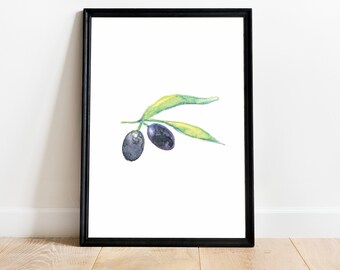 Impression aquarelle olive, art de la cuisine, impression d'art de fruits, aquarelle botanique, olive noire, décoration murale cuisine