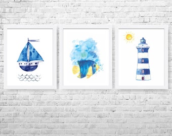 Kids Bedroom Decor, Nautical Nursery Art, Nautical Art Baby Room, Sailboat, Blue Set of 3 Prints