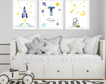 Stampe artistiche per la cameretta dei bambini nello spazio: astronauta, razzo, pianeti, set di 3