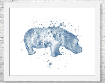 Hippo Watercolor Print, Hippo Painting, Blue Watercolor Art, Animal Art, Nursery Art Print, Wall Art Print, Watercolor Painting , Home Decor