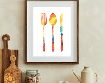 Watercolor Kitchen Utensils Art Print: Colorful Dining Room Decor