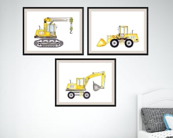 Kunst aan de muur kinderkamer – aquarelkunst bouwvoertuig voor kinderkamer, decoratie babyjongen, fysieke print set van 3