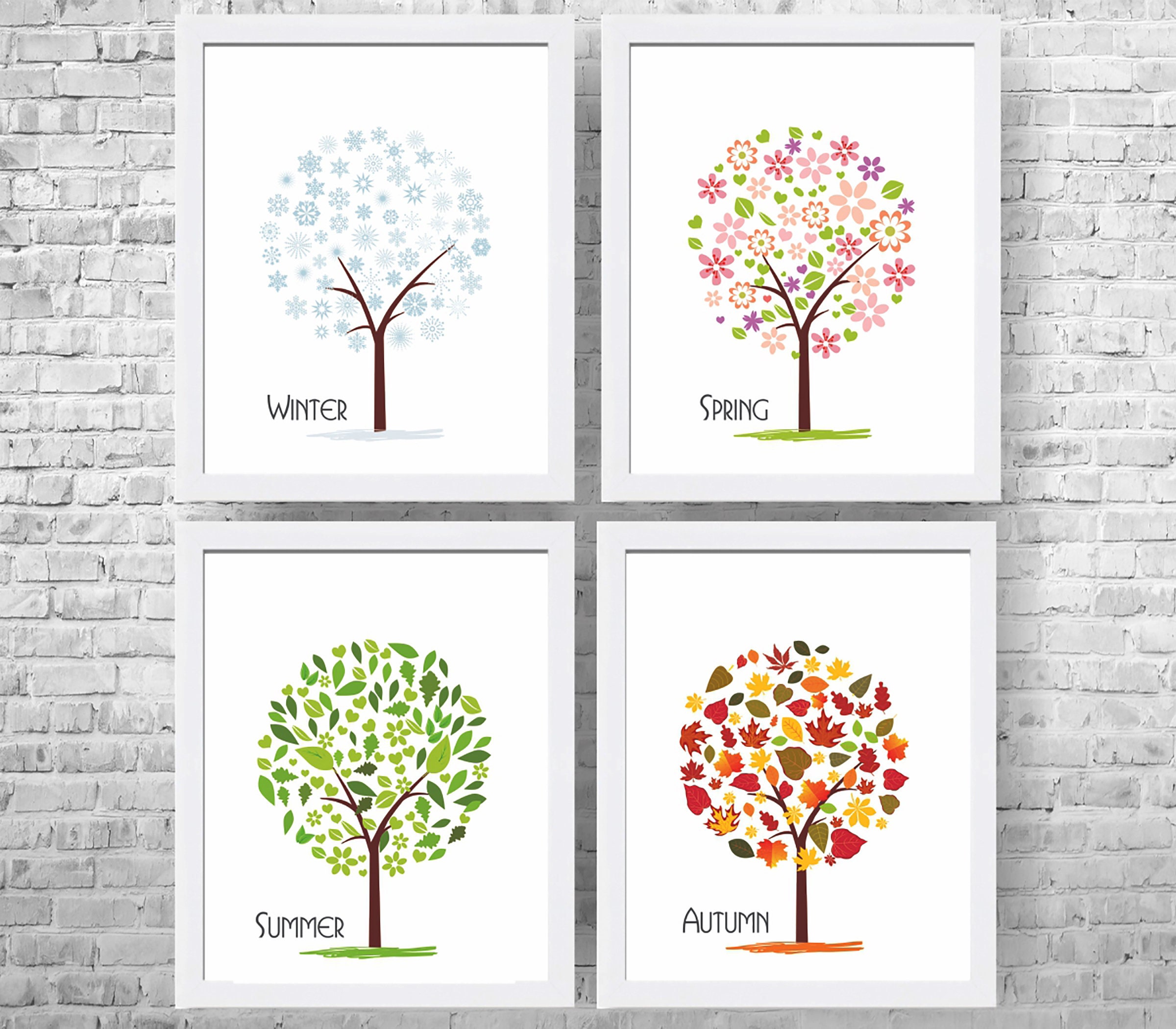 Set Of 2 Botanical Prints Tree Wall Art Landscape Illustration Four Seasons Winter Spring Printable Poster Nursery Diptych Digital Download