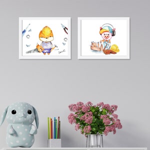 Impresión de animales de dibujos animados, decoración de la pared del vivero de zorros y lechones, lindo arte de la pared del zorro cerdo, pintura de acuarela, decoración del dormitorio de los niños