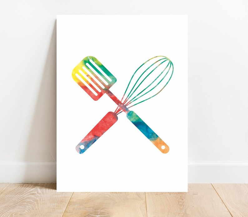 May include: A watercolor illustration of a spatula and whisk crossed over each other. The utensils are painted in a rainbow of colors, including red, orange, yellow, green, blue, and purple.