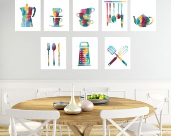 Kitchen Art Prints: Watercolor Coffee & Utensils, Set of 8