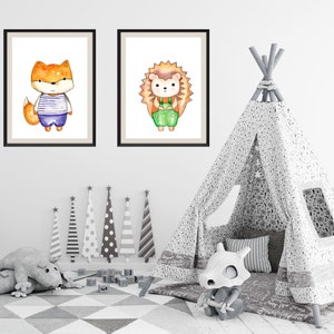 Decoración de la pared del vivero del erizo del zorro, impresiones lindas del zorro, impresión del arte de la acuarela, decoración del dormitorio de los niños, habitación del bebé, arte de la pared de la guardería, conjunto de 2 impresiones
