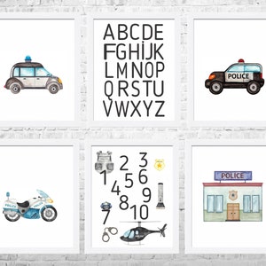 警察車両プリント6枚セット - 男の子用保育園アート - 交通機関用ウォールアート - アルファベットと数字のアート - 部屋の装飾 - 警察バンドル - 子供用ウォールデコレーション