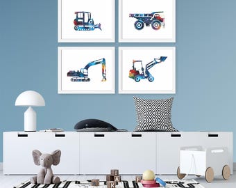 Construction Trucks Nursery Art Prints: Boy Room Decor, Set of 4