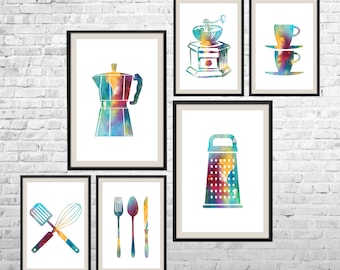 Kitchen Art Prints Set: Watercolor Coffee & Utensils (8x10, 12x16)