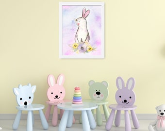 Bunny Rabbit Print, Nursery Wall Art, Rabbit Watercolor Painting, Animal Art, Watercolor Animal, Girl Bedroom Decor, Baby Girl Art