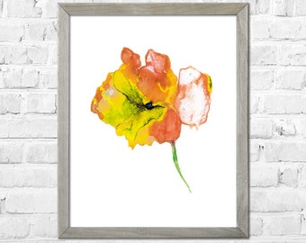 Pittura ad acquerello di fiori, stampa floreale ad acquerello, fiore astratto, arte floreale, fiore giallo arancio, stampa floreale, arte acquerello