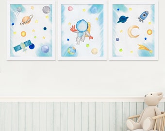 Space Nursery Art Prints: Astronaut, Rocket, Planets - Set of 3