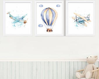 Transportation Nursery Art Prints: Airplane & Hot Air Balloon, Set of 3
