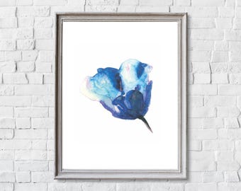 Impresión artística de acuarela floral azul: pintura abstracta de flores