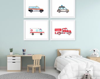 Rescue Vehicles Prints, Trucks Car Art, Transportation Decor, Nursery Poster, Baby Boy Nursery, Kids Art, Nursery Decor, Set of 4 Prints