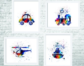 Baby Boy Nursery Art-Transportation Wall Art- Transportation Nursery Art-Transportation Room Decor- Kids Wall Decor-Set of 4 Prints