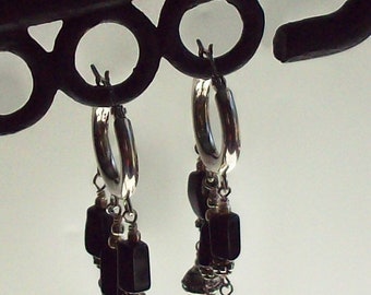 Bali silver dangle earrings, fresh water pearls, black onyx, sterling silver hoops, latch back