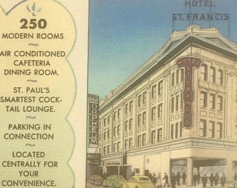 Hotel Francis St Paul MN Linen Postcard, Travel Souvenir Memorabilia Post Card, Historic Motel Advertising Ephemera Collectible