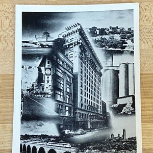 May include: A black and white postcard featuring a collage of images of the Radisson Hotel in Minneapolis, Minnesota. The postcard includes images of the hotel, a bridge, and a cityscape.