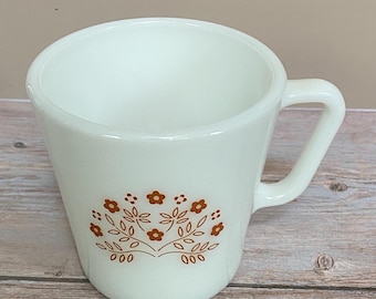Vintage Pyrex Milk Glass Coffee Mug, Summer Impressions Ginger Brown Floral Pattern D-Handle