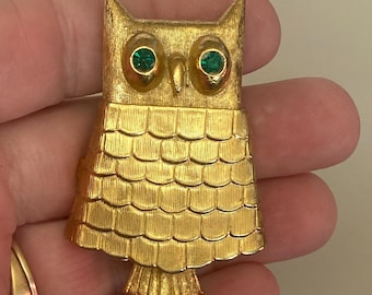 Vintage Avon Owl Perfume Compact Brooch, Gold-Tone Green Rhinestone Eyes Mid-Century Designer Stamped Pin, Mother's Day Gift for Mom