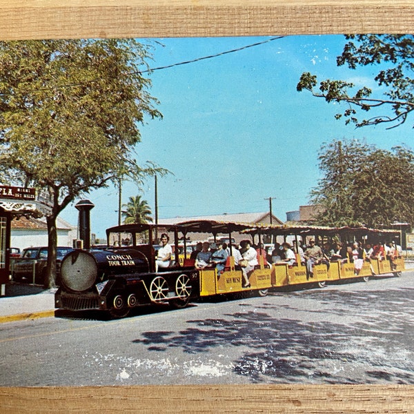 Key West Florida Depot and Conch Tour Train Postcard, Unposted Passenger Tours Atlantic Ocean and Gulf of Mexico Advertising Souvenir