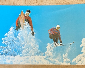 Skiing and a Fast Jump Along the Trail Vintage Postcard, Men Skiing Unposted Advertising Souvenir Ephemera, Post Card Collector Gift