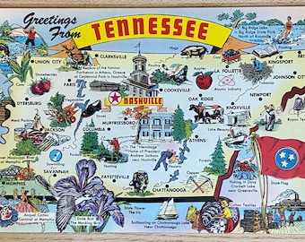 Collectible Tennessee Postcard, Greetings From TN State Map Vintage Post Card, Souvenir Ephemera History Lover Gift Vacation Attraction