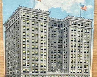 Miners Bank Building, Wilkes-Barris PA Vintage Postcard, Posted 1915, Neoclassical Architectural Style, American Flags & 20th-Century Autos