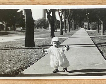Antique Black and White Photo of Young Child, Vintage Picture Child is wearing a Romper, Bonnet & High Top Leather Walking Shoes