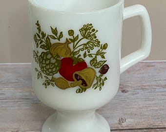 Vintage Corning Ware "Spice of Life" Pedestal Coffee Mug, Milk Glass with Vegetable and Herbs Tea Cup, Retro Farmhouse Kitchenware