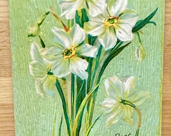 Embossed Easter Antique Postcard, White Narcissus Blossoms With Best Easter Wishes, Posted 1910, 1-Cent Green Postage Stamp, Postal Ephemera