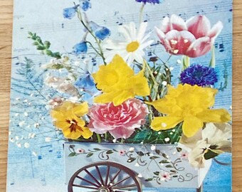 Spring Flower Cart Vintage Postcard, Colorful Floral Bouquet with Sheet Music Background, Cottage Garden Greeting Card, Collectible Ephemera