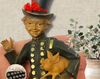 Vintage Chimney Sweep Figure, Lucky the Pig Folk-Art, European Folklore 6" Plastic Figure Wood Base