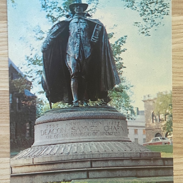 The Puritan Bronze Statue by Augustus Saint Gaudens Vintage Postcard, Merrick Park Springfield MASS Unused Souvenir Ephemera Post Card